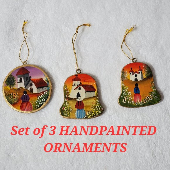 Set of 3 Wooden Hand-Painted Ornaments - Picture 1 of 7